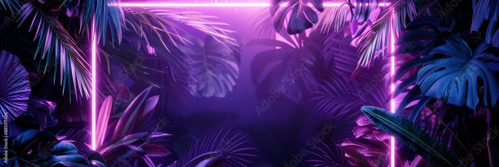Neon light frame with tropical leaves, laser border, shiny night banner, led design Neon light frame with tropical leaves, laser border, shiny night banner, led design