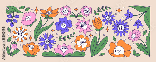 Groovy flowers in retro style set. Funky bloom plants with happy and sad emotions on faces. Comic daisy, tulip, bellflower with different facial expressions. Flat isolated vector illustrations