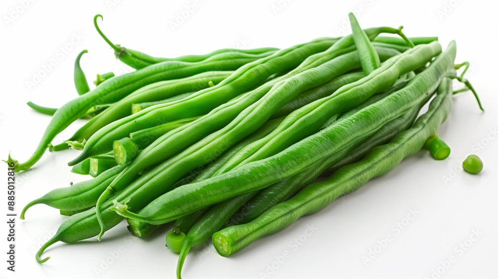 Close-up of fresh green string beans in a pile on white background Close-up of fresh green string beans in a pile on white background