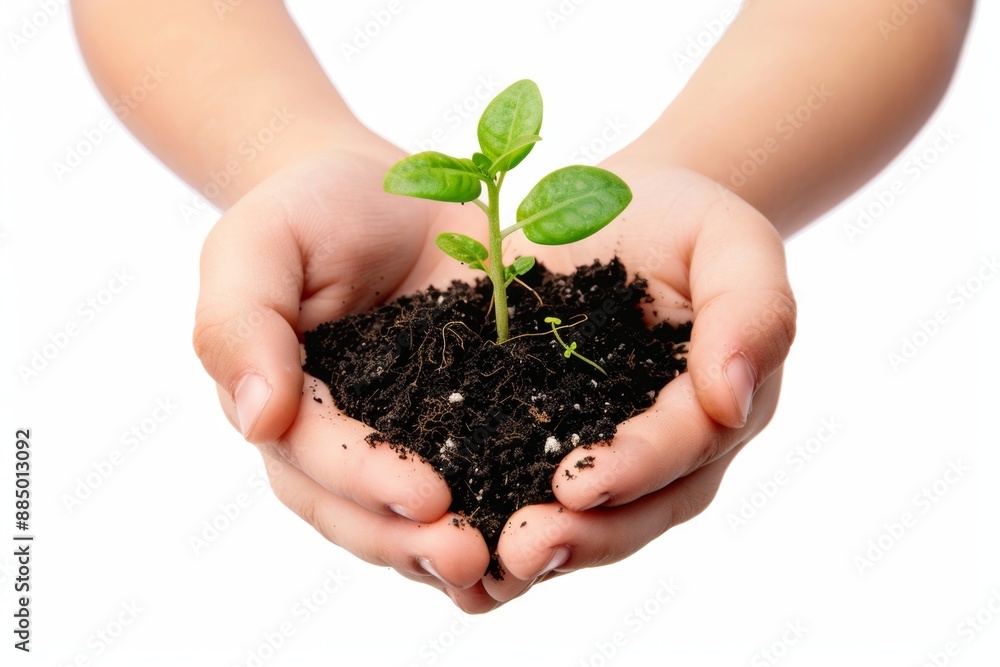 Plant in hands isolated, young sprout, new plant growing in soil, organic farming, environment care, earth day Plant in hands isolated, young sprout, new plant growing in soil, organic farming, environment care, earth day