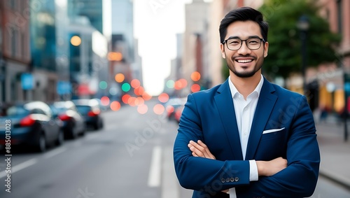 portrait of smiling asian businessman with crossed arms standing in street.