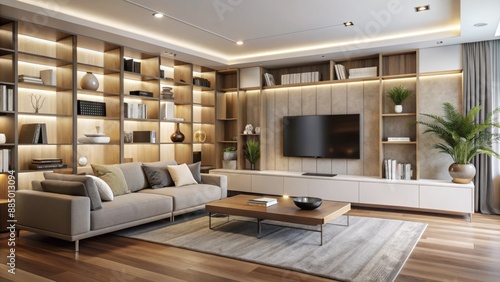 Sleek low-profile sectional sofa sits against a minimalist TV console, surrounded by a towering floor-to-ceiling bookshelf and neutral-hued walls.