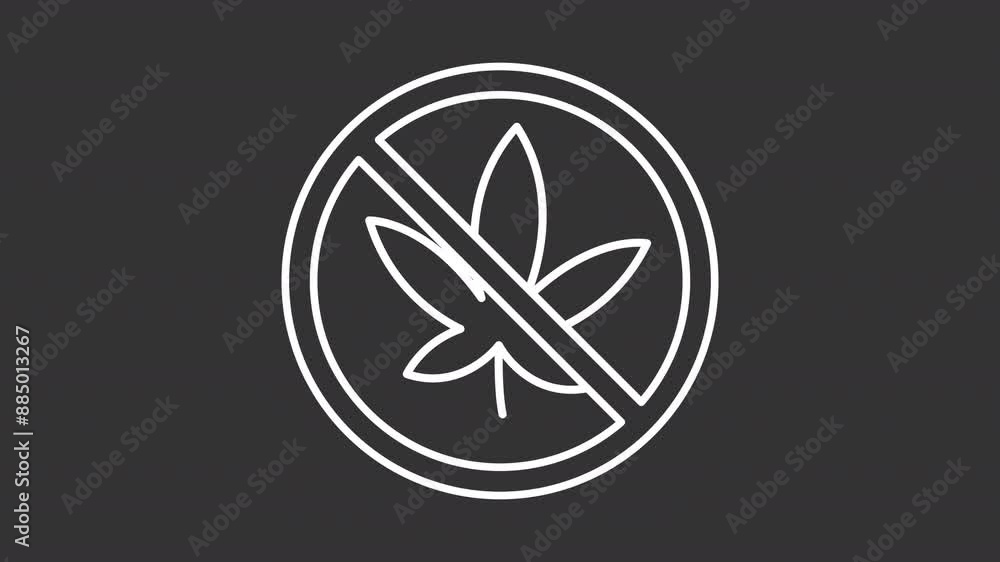 Cannabis block white line animation. Marijuana restriction animated icon. Moving weed leaf. Scaling no circle. Isolated illustration on dark background. Transition alpha video. Motion graphic Cannabis block white line animation. Marijuana restriction animated icon. Moving weed leaf. Scaling no circle. Isolated illustration on dark background. Transition alpha video. Motion graphic