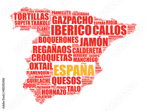 spanish food names on a tag cloud illustration made of red and yellow words