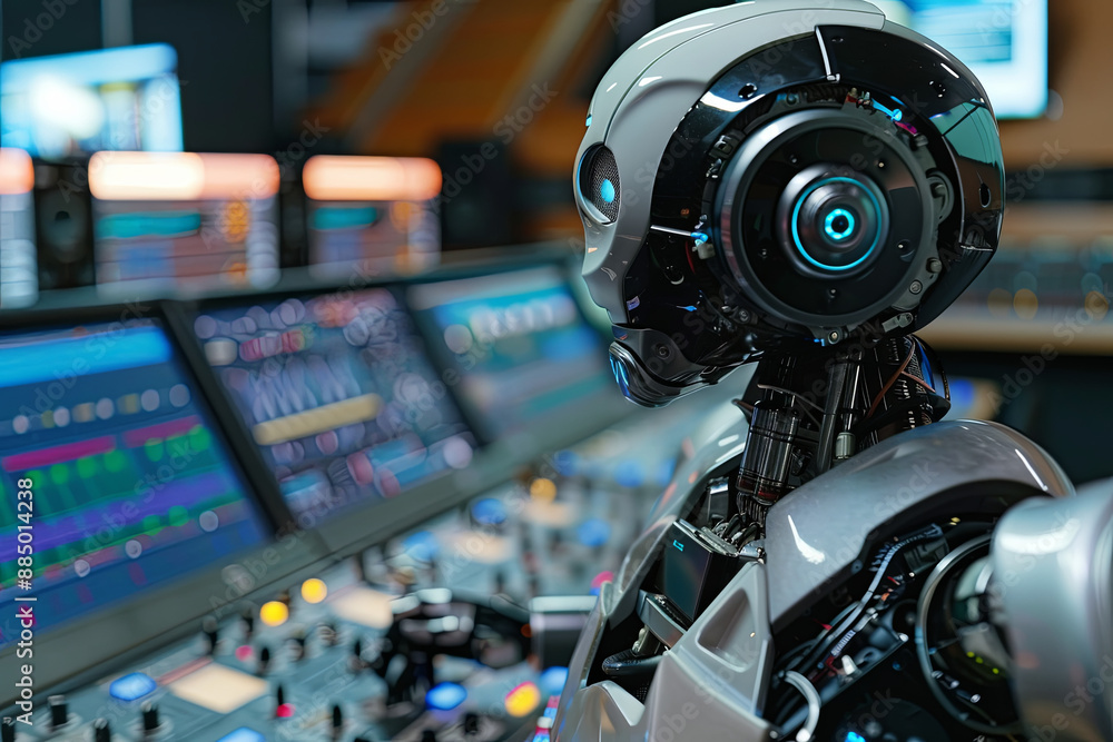 Humanoid AI robot working at the radio station studio, artificial intelligence and entertainment concept Humanoid AI robot working at the radio station studio, artificial intelligence and entertainment concept
