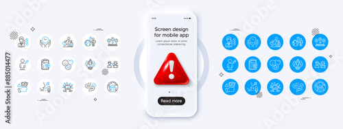 Outsource work, Travel delay and Fraud line icons. Phone mockup with 3d danger icon. Pack of Global business, Third party, Digestion icon. Teamwork, Clown, Eye checklist pictogram. Vector