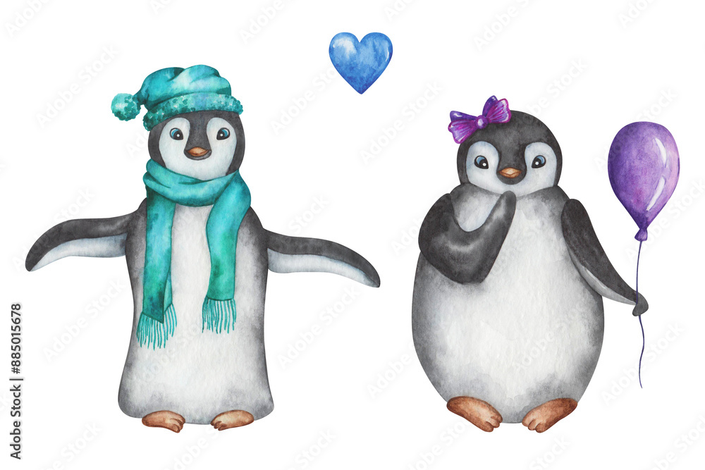 Fototapeta premium Watercolor animal illustration. Hand painted cartoon penguin girl and boy with hat, balloon, scarf, bow. Penguin in love, dating. Marine birds. Isolated clip art for Valentine, Christmas