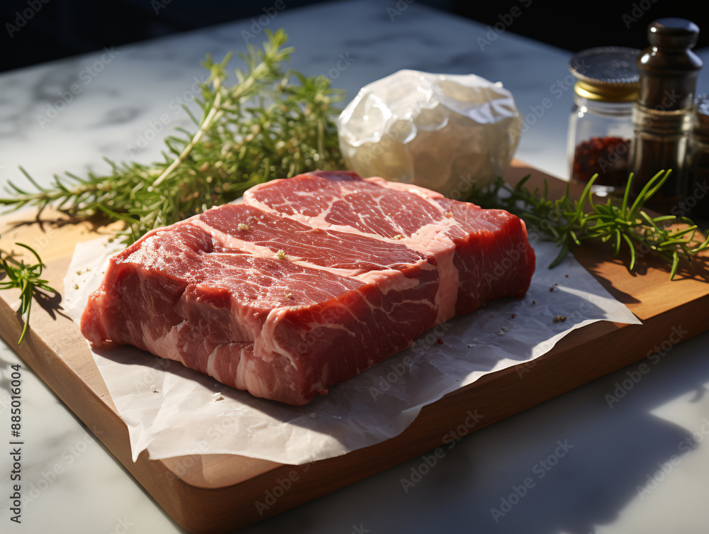 Raw beef steak on cutting board with rosemary and spices on white marble table Raw beef steak on cutting board with rosemary and spices on white marble table