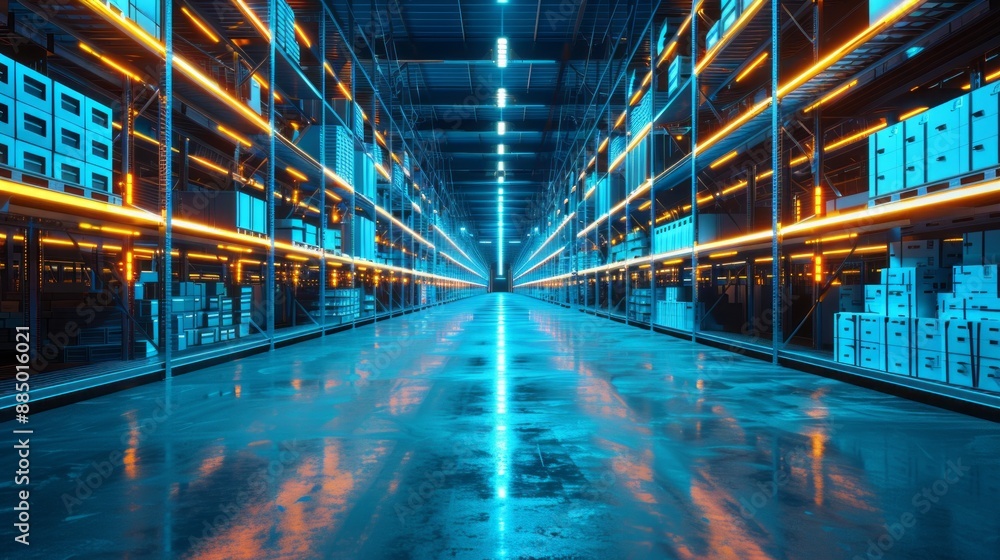 Futuristic warehouse technology with neon background: advanced warehouse program and cutting-edge computer graphics design representing the future of technology and innovation
Futuristic warehouse technology with neon background: advanced warehouse program and cutting-edge computer graphics design representing the future of technology and innovation