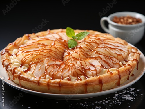 Delicious pear tart with caramel and fresh pears on white background