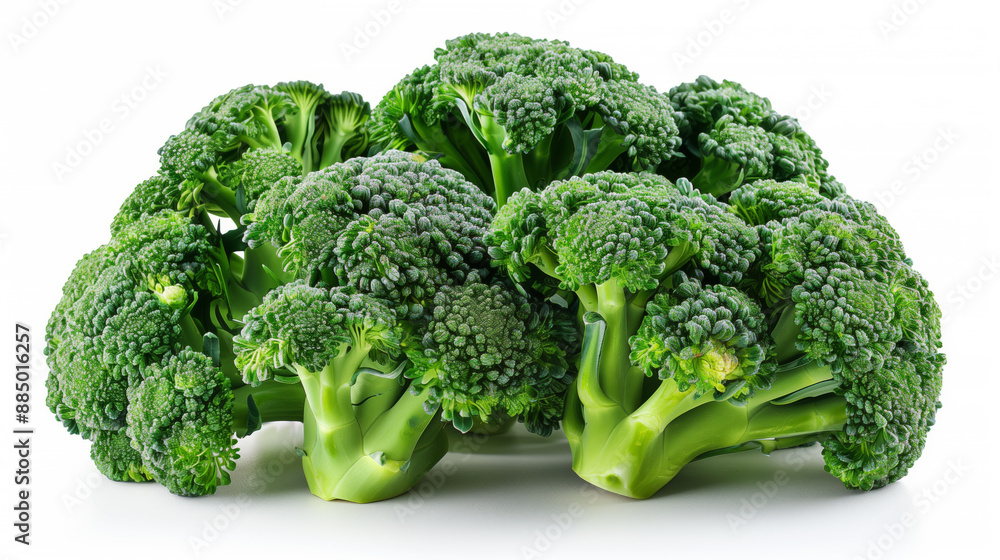 Green broccoli florets on white background showcasing vibrant color and texture Green broccoli florets on white background showcasing vibrant color and texture