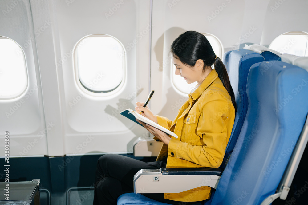 Attractive Asian female passenger of airplane sitting in comfortable seat while working laptop and tablet with mock up area using wireless connection. Attractive Asian female passenger of airplane sitting in comfortable seat while working laptop and tablet with mock up area using wireless connection.
