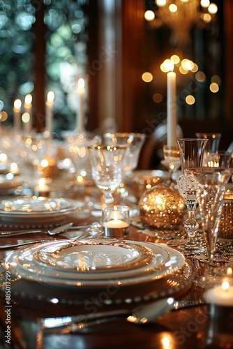 Luxurious dinner table setting glimmering in candlelight for christmas eve