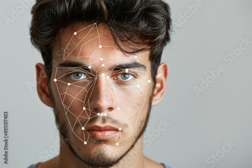 male face scanned using facial recognition technology Isolated on black background photo