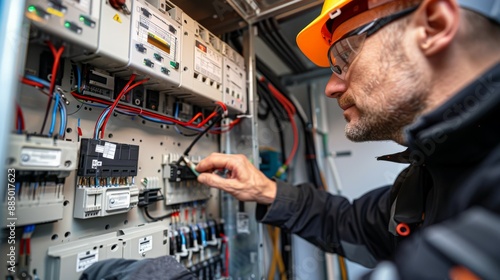 Close-up of an electrician installing a whole-house surge protector in a residential electrical panel safeguarding electronic devices from power surges and spikes.