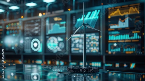 Wallpaper Mural A wind turbine model in front of digital screens showing energy data. The environment is high-tech and innovative, highlighting renewable energy and technological advancements. Torontodigital.ca