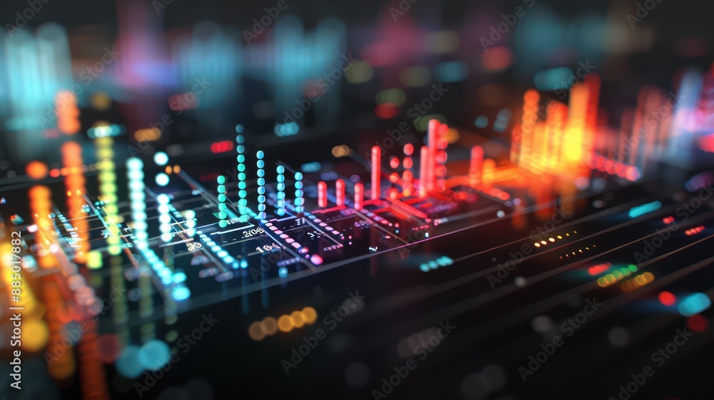 Illuminated 3D Equalizer Bars in Dark Environment with Vibrant High-Tech Background for Music Visualization, Generative Ai Illuminated 3D Equalizer Bars in Dark Environment with Vibrant High-Tech Background for Music Visualization, Generative Ai