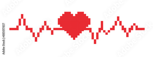 Pixel heartbeat icon. Vector pixel art heart beat 8 bit logo for game. Pixel icon, vector illustration isolated on white background.