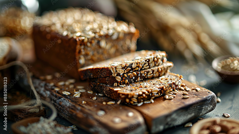 High-resolution stock photo of sliced multiseed bread on a wooden board, close-up view, High-resolution stock photo of sliced multiseed bread on a wooden board, close-up view,