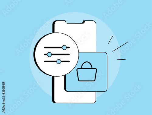 Ajax Products Filter concept. M-commerce marketplace advanced search and smart filtering. Outline flat vector illustration with icon isolated on blue background