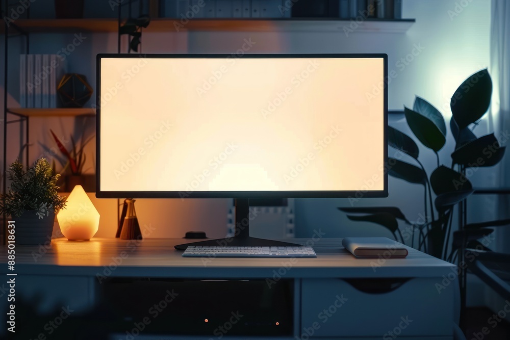 Mockup white screen of computer monitor on desk in contemporary minimalist home office with plants Mockup white screen of computer monitor on desk in contemporary minimalist home office with plants