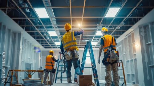 Team of electricians retrofitting a commercial building with energy-efficient LED lighting upgrades reducing energy consumption and operating costs.