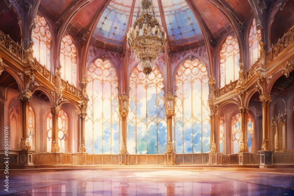 Fototapeta premium Empty royal ballroom architecture chandelier building.