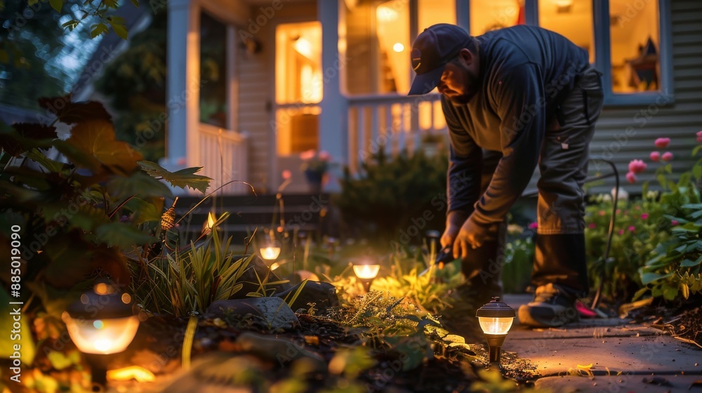 Worker installing outdoor landscape lighting fixtures in a residential garden enhancing curb appeal and security with low-voltage LED lighting solutions. Worker installing outdoor landscape lighting fixtures in a residential garden enhancing curb appeal and security with low-voltage LED lighting solutions.