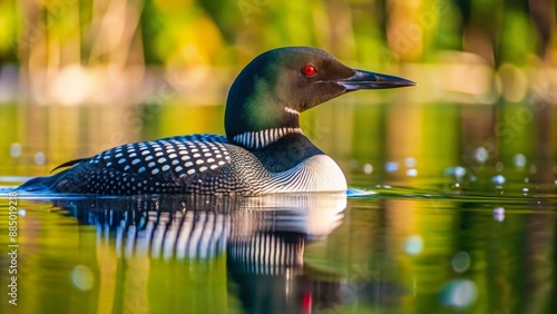 A solitary common loon swims peacefully on a crystal-clear lake, a single droplet of water suspended from its feathers. photo