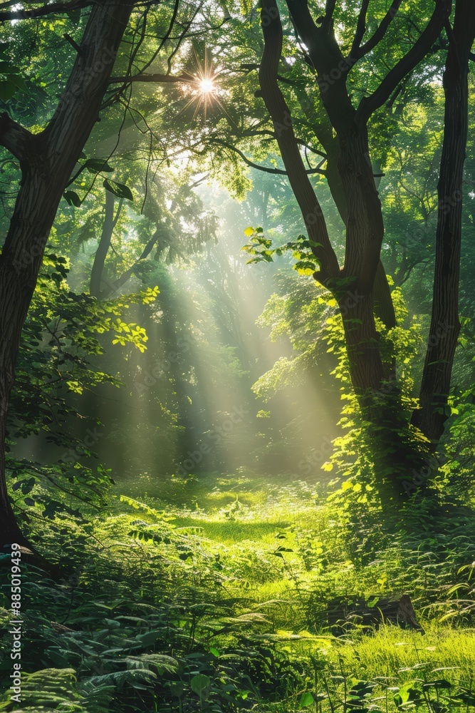 Sun shining through trees in lush green forest Sun shining through trees in lush green forest