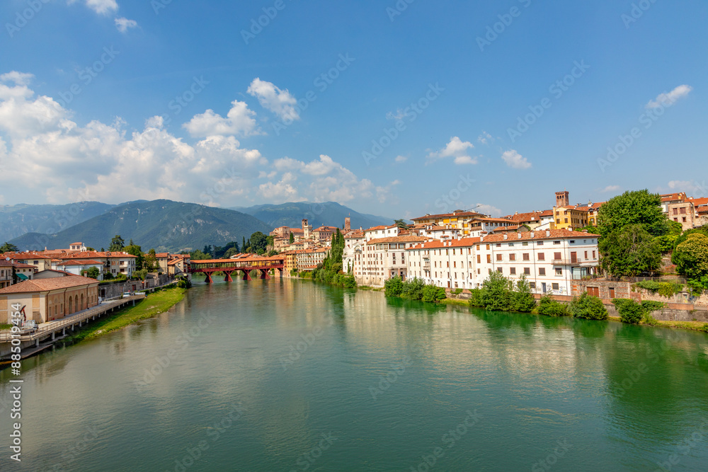 historic skyline of Bassano del Grappa with the Old wooden Bridge, also called ponte degli Alpini, Italy historic skyline of Bassano del Grappa with the Old wooden Bridge, also called ponte degli Alpini, Italy