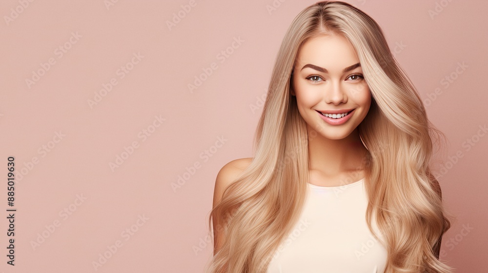 Smiling young woman with blond hair on pastel flat background with copy space Smiling young woman with blond hair on pastel flat background with copy space