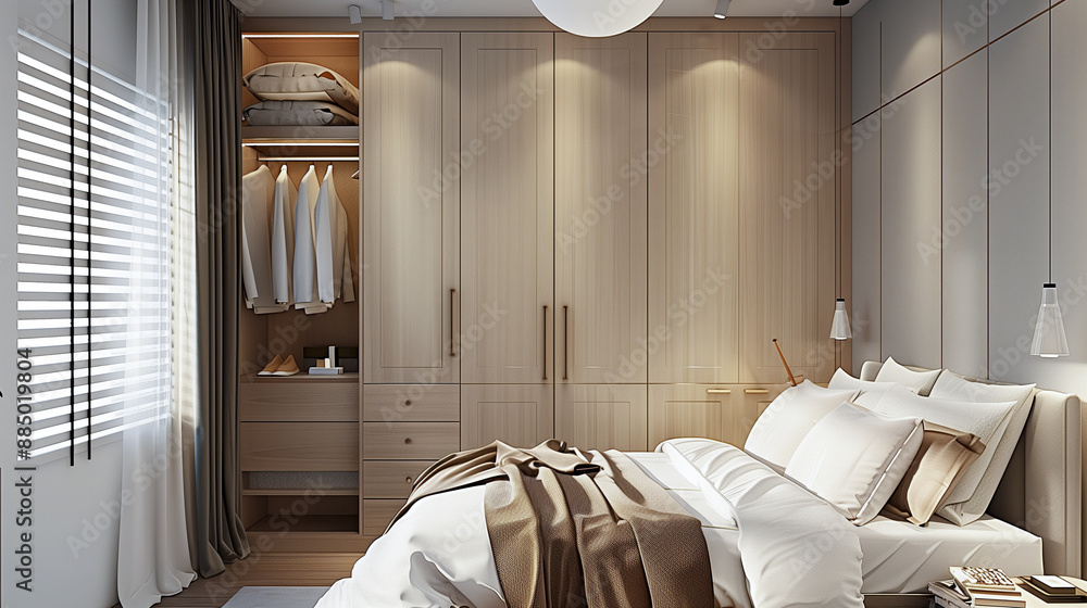 A minimalist master bedroom featuring a wardrobe in clear white beige tone color palette A minimalist master bedroom featuring a wardrobe in clear white beige tone color palette