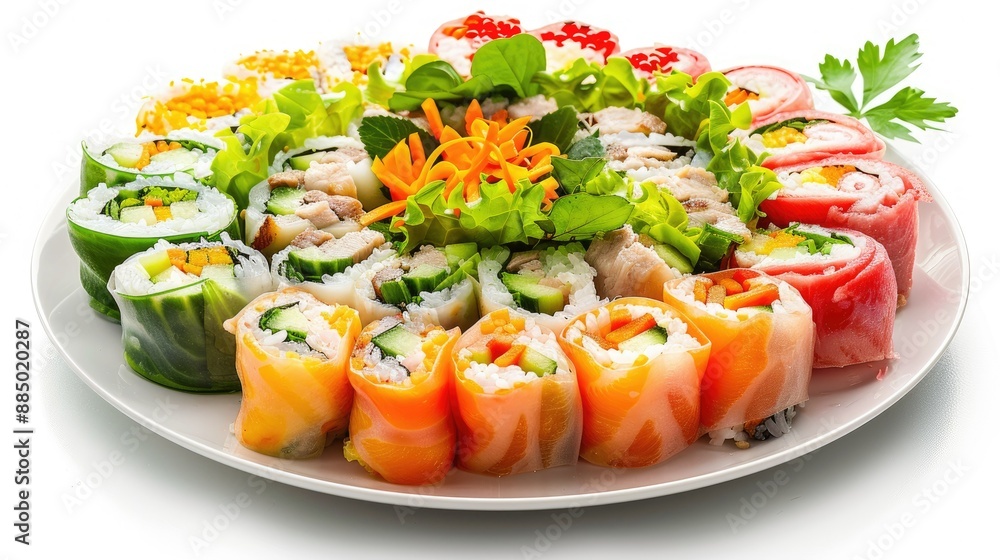 A plate of colorful rice rolls filled with fresh vegetables and pork, ready to be enjoyed, isolated on white A plate of colorful rice rolls filled with fresh vegetables and pork, ready to be enjoyed, isolated on white