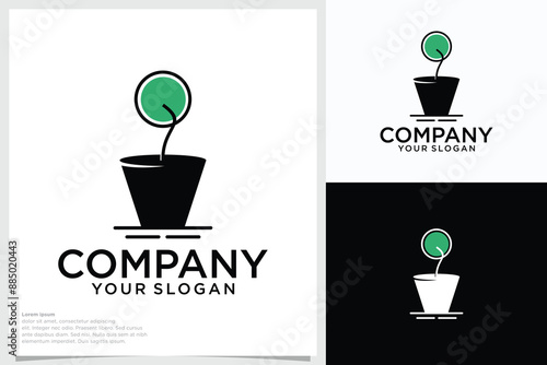 Green seedling logo design, small plant icon growing naturally in circular symbol Potted plant outline icon. Vector glyph plant pot icon