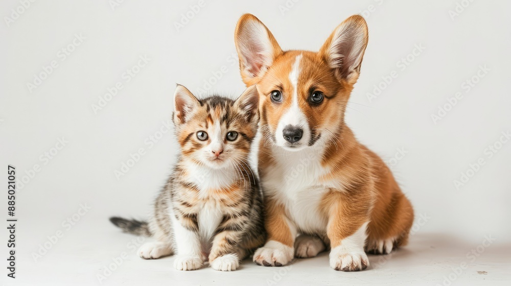 Affectionate corgi puppy and red kitten sitting in harmony on white background. Cute animal friends. Affectionate corgi puppy and red kitten sitting in harmony on white background. Cute animal friends.