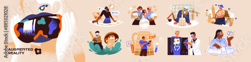Augmented reality set. VR goggles for doctors, constructors, scientists. AR glasses for entertainment, interaction with virtual interface. Interactive technology. Flat isolated vector illustrations