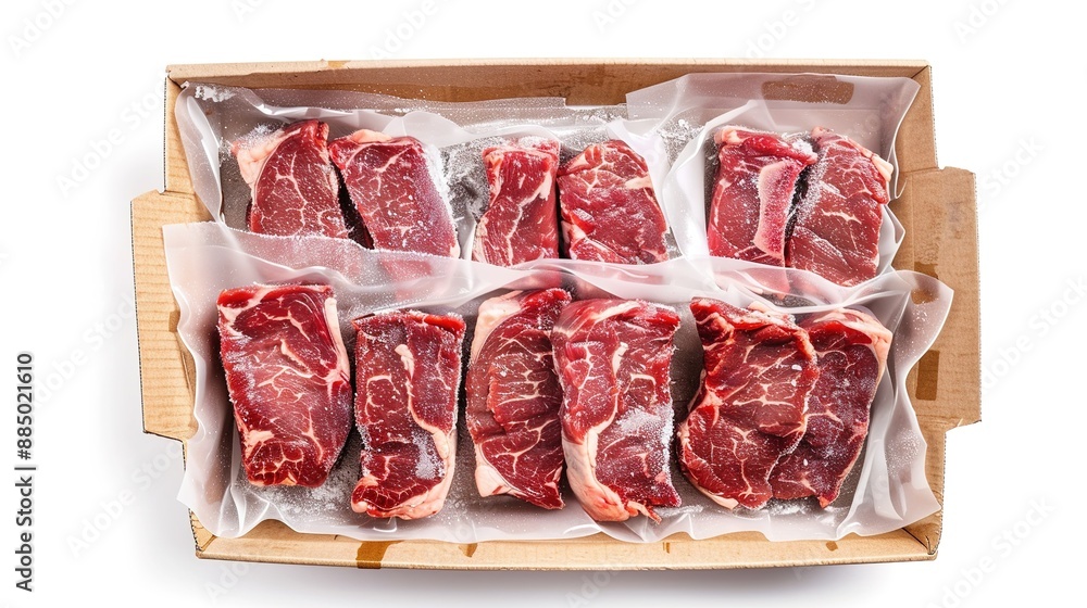 Frozen Steak in Transparent Packaging Box with White Background (Top View) Frozen Steak in Transparent Packaging Box with White Background (Top View)
