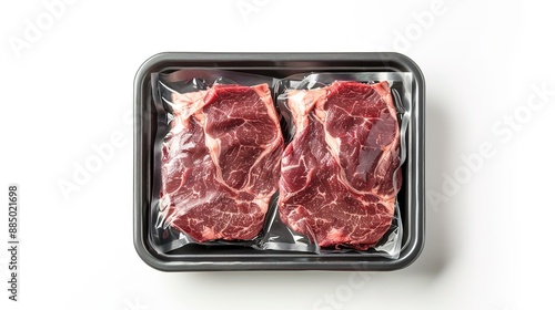Frozen Steak in Transparent Packaging Box with White Background (Top View)
