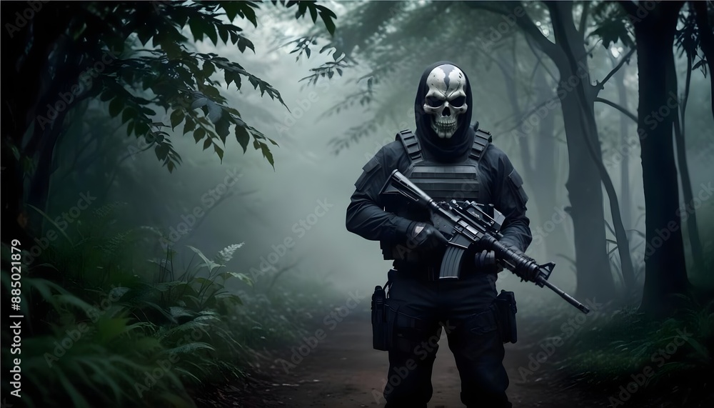 Fototapeta premium A masked soldier wearing dark tactical gear holding a rifle in a misty forest