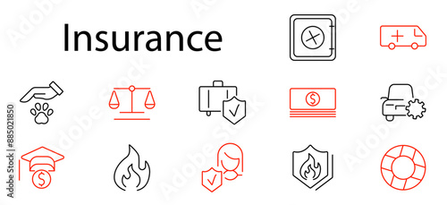 Insurance set icon. Car, health, home, travel, pet, fire, life, disability, policy, safety, protection, security, risk management, coverage, premium, claim, insure, financial, assurance.