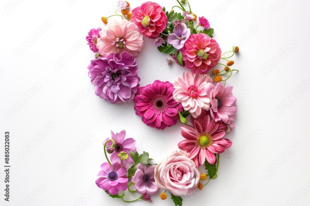 Number 9 in shape of blooming spring flowers Isolated on white background Number 9 in shape of blooming spring flowers Isolated on white background