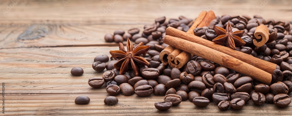 Coffee beans scattered on a wooden table with cinnamon sticks and star anise, aromatic spices, warm ambiance, coffee and spices, warm tones Coffee beans scattered on a wooden table with cinnamon sticks and star anise, aromatic spices, warm ambiance, coffee and spices, warm tones