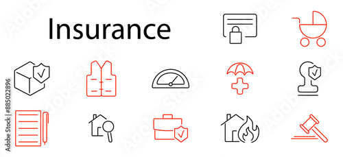 Insurance set icon. Family, health, car, house, travel, life, document, fire, security, policy, coverage, risk, protection, financial, shield, assistance, safety, cost, plan.