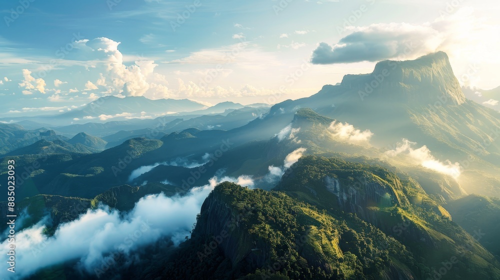 Experience the breathtaking beauty of Sri Lanka with this panorama. The majestic mountains stand against a backdrop of a serene sky adorned with fluffy white clouds. The top view above the clouds. Experience the breathtaking beauty of Sri Lanka with this panorama. The majestic mountains stand against a backdrop of a serene sky adorned with fluffy white clouds. The top view above the clouds.