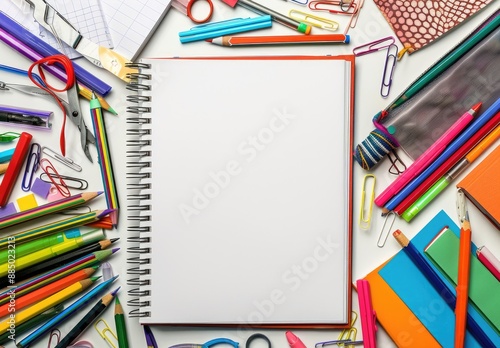 A beautifully arranged stationery flat lay with colorful notebooks and supplies on a blue background, perfect for a creative workspace or academic setting, offering a vibrant and organized atmosphere