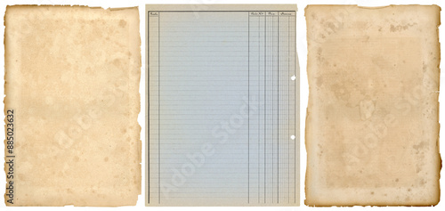 Foto three vintage and antique paper textures, stained g with ripped / torn edges and