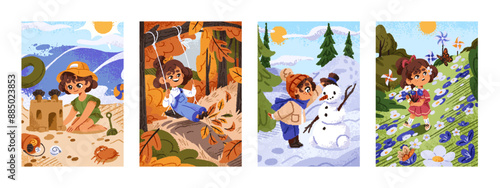 Four seasons of nature set. Cute girl has fun on swings in autumn. Kid plays with snowman in winter. Child picking flowers in spring, builds sand castle in summer. Flat hand drawn vector illustrations