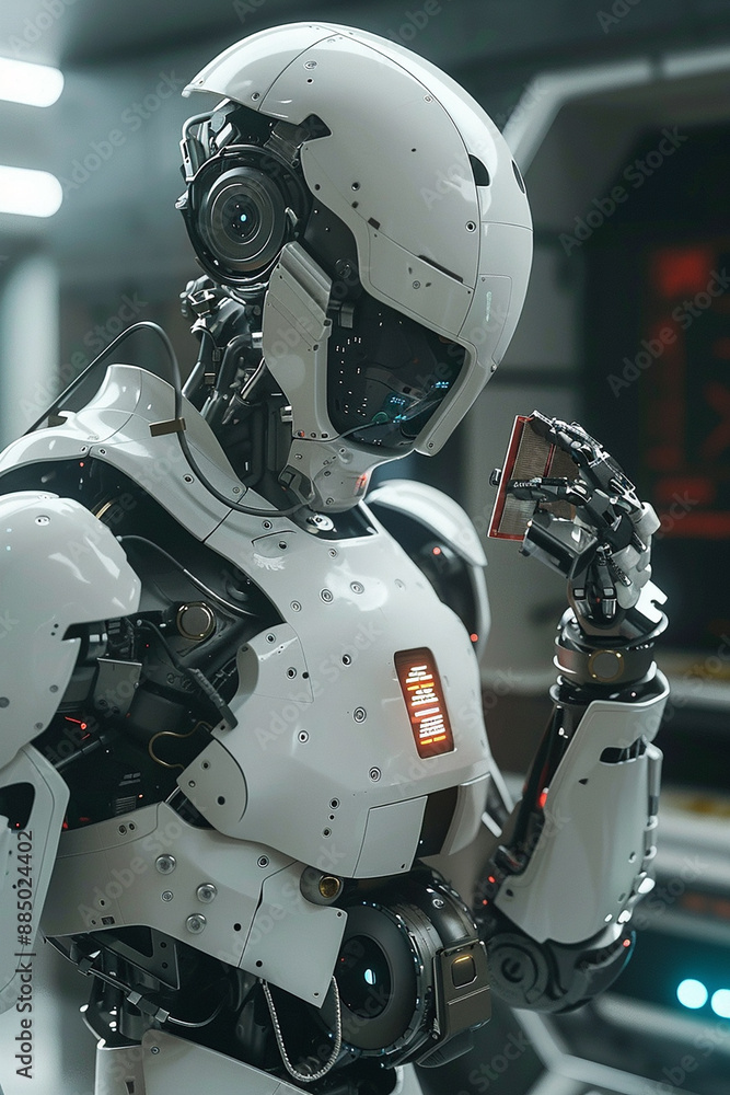 Futuristic robot analyzing a data chip in a high-tech environment, showcasing advanced technology and artificial intelligence. Futuristic robot analyzing a data chip in a high-tech environment, showcasing advanced technology and artificial intelligence.