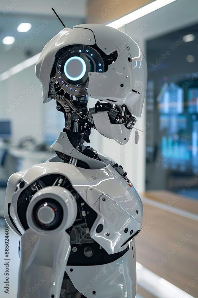 Advanced humanoid robot in a sleek, modern facility, representing cutting-edge robotics and futuristic technology. Advanced humanoid robot in a sleek, modern facility, representing cutting-edge robotics and futuristic technology.
